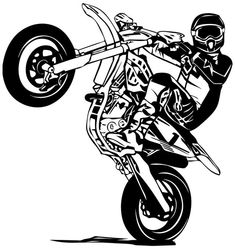 a black and white drawing of a motorcyclist doing a trick in the air