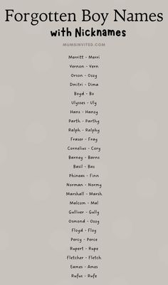 the forgotten boy names with nickanes on them in black and white, against a gray background