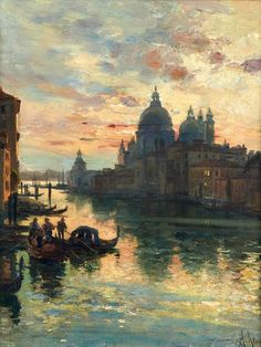 a painting of some buildings and boats in the water at sunset with people on them