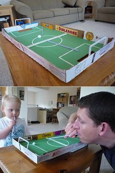 two pictures of a man playing with a baby in front of a table top soccer game