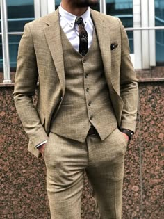 Khaki Suit, Wedding Groomsmen Attire, Suit Clothes, Groom Wedding Attire, Wedding Suits Groom, Designer Suits For Men, Suit Material, Plaid Suit, Slim Fit Suits