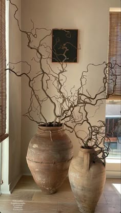 two vases with branches in them sitting on the floor next to a wall and window