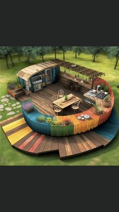 an artist's rendering of a house on top of a wooden platform in the middle of a field