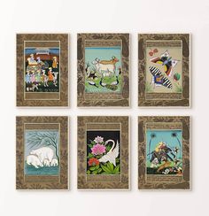 four framed pictures with animals and flowers on them