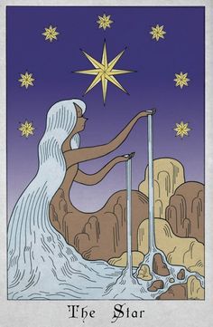 the star tarot card with an image of a woman holding a wand in her hand