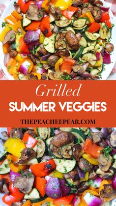 grilled summer veggies on a white plate with text overlay