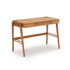 a wooden desk with two drawers on one side and an open drawer on the other