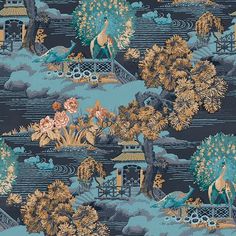 a blue and gold wallpaper with flowers, trees, and animals in the background