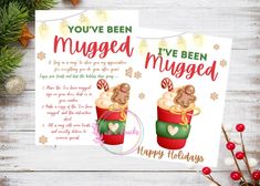 two christmas greeting cards with the words, you've been mugged