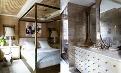 a bedroom with a bed, dresser and mirror on the wall next to each other