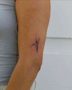 a small hummingbird tattoo on the right side of the left arm and upper arm