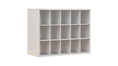 a white bookcase with six compartments on each side