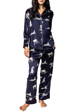 Exude elegance through your morning and nighttime routines in these luxurious silk pajamas featuring a fierce print framed in classic piping. 26 1/2" top length; 29 1/2" inseam; 17 1/2" leg opening; 11" front rise; 16" back rise (size Medium) Top has front button closure; notched collar; chest patch pocket; long sleeves Pants have elastic/drawstring waist 100% silk Hand wash, dry flat Imported Silk Pajama Pants, Silk Robe Long, Silk Pajama, Lace Trim Shorts, Silk Pajama Set, Long Sleeve And Shorts, Striped Pyjamas, Pajama Robe, Silk Shorts