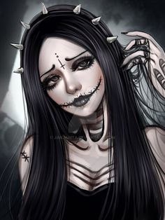 a drawing of a woman with black hair and tattoos on her face, wearing horns