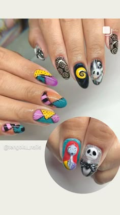 The Nightmare Before Christmas Nails Art, Movie Theme Nails, Zero Nails Nightmare Before Christmas, Jack And Sally Nail Designs, Sally Nightmare Before Christmas Nails, Nightmare Nails, Tim Burton Nail Art, Jack And Sally Nails, Halloween Movie Nails