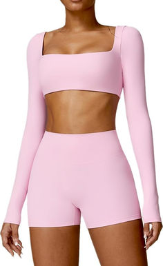 ABOCIW Workout Sets for Women 2 Piece Square Neck Long Sleeve Crop Tops High Waist Biker Shorts Gym Sets Gym Brands Women, Pink Pilates Princess Workout Set, Pink Running Shorts Outfits, Set Active Sets, Colorful Gym Outfit, Cute Activewear, Girly Workout Outfits, Colourful Activewear, Gym Looks Outfits