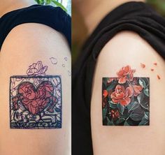 two images side by side one with tattoos and the other with flowers on it's arm