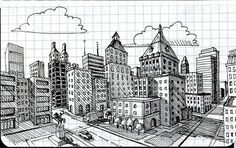 a drawing of a cityscape with buildings and people walking on the street in front of them