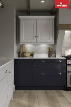 an image of a kitchen setting with white and blue cabinets