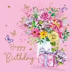 a bouquet of flowers in a white vase with a pink background and the words happy birthday written on it