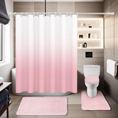 a bathroom with a pink shower curtain and rugs