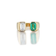 Era - Contemporary, by The Moonstoned Materials - 18k Gold, Diamond (approx. 1.02ct IGI# 487190285) & Reclaimed Vintage Emerald (approx. 0.50ct) Weight - 8.58 Grams Size - 5