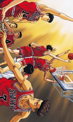 an image of basketball players in the air with their arms around each other as they play