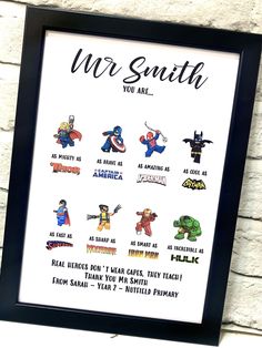 a framed poster with the words mr smith and other cartoon characters in black frame against a white brick wall