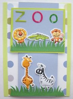 an animal themed card with zoo animals and giraffes on the front, along with letters that spell out zoo