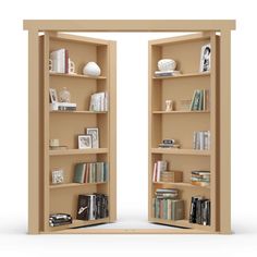 an open bookcase with books on it and two doors opened to reveal the room