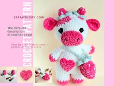 a crocheted cow with pink and white colors