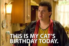 a man in a kitchen with the words, this is my cat's birthday today