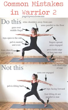 a woman doing yoga poses in front of a wall with instructions on how to do it