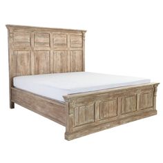 a bed with wooden headboard and foot board