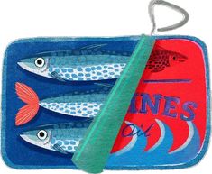 three fish in a blue tray with a green handle