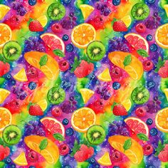 a colorful background with fruit slices and kiwis