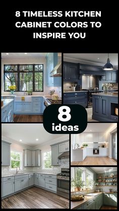 the eight images show different types of kitchen cabinets and counter tops in various styles, colors, and sizes