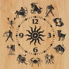 a wooden clock with zodiac signs on it