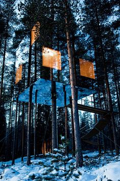 an image of a tree house in the woods with snow on the ground and trees around it