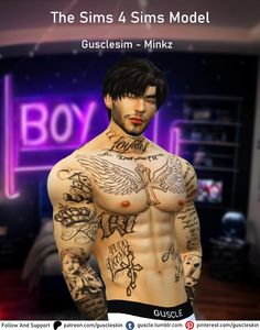 a man with tattoos on his chest standing in front of a neon sign that reads the sims 4 sims model