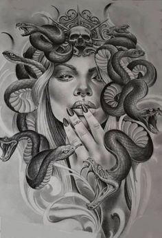 a drawing of a woman with snakes on her head and hands in front of her face