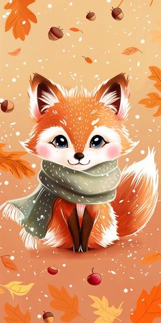 a red fox wearing a scarf in the fall with leaves and acorns around it