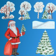 an image of santa claus in the snow with christmas trees and pinecone trees