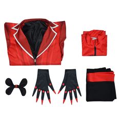 a red jacket with black gloves and other accessories