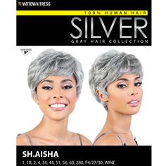 Motown Tress Human Hair Silver Gray Hair Collection Wig - SH AISHA COLOR SHOWN: 51 MATERIAL: 100% Human HairTYPE: WigLENGTH: ShortHEAT SAFE: DESCRIPTION: Finished Length: 9" Hair Care Instruction Brush the piece thoroughly to remove any tangles Soak the piece in cold or lukewarm water with mild wig shampoo. This will help to dissolve makeup, oil and dust. Swish gently until the piece is fully washed. Rinse in cold or lukewarm water until all shampoo residue is gone. Rinse again with wig conditio Silver Gray Hair, Hair Silver, Silver Grey Hair, Remy Hair Weave, Wig Stand, Human Braiding Hair, Half Wigs, Human Hair Lace Wigs, Hair Collection