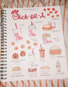 a notebook with some food and drinks on it next to a striped sheet that says chick - e - all