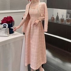 Pink Plaid Tweed Jacket + Strapped Dress Women Vintage 2022 Winter Ele – Ingvn Strapped Dress, Tweed Fashion, Dress Sets, 2 Piece Sets, Evening Dresses For Weddings, Autumn Dress, Vintage Winter, Tweed Dress, Modest Fashion Outfits