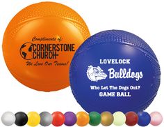 an orange and blue frisbee next to some balls with the words lovelock bulldogs on them