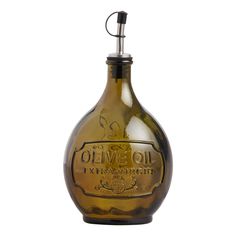 an old olive oil bottle is shown on a white background with clippings to the bottom