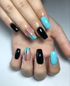 Simple Gel Polish Designs, Squoval Nails Design Black, Black And Blue Acrylic Nails, Teal And Black Nails, Teal Nails Acrylic, Coffin Acrylic Nails Design, Cowboy Nails, Diy Acrylic Nails